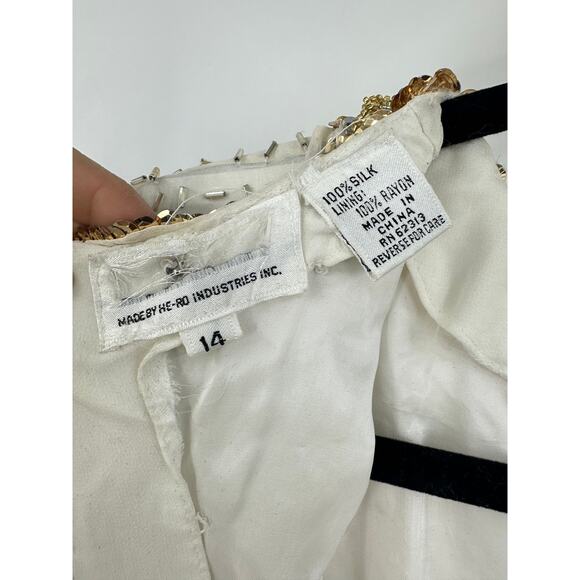 Vintage Cachet Bari Protas Womens 14 Silk Long sleeve Fully Beaded Dress Ivory - Picture 9 of 16